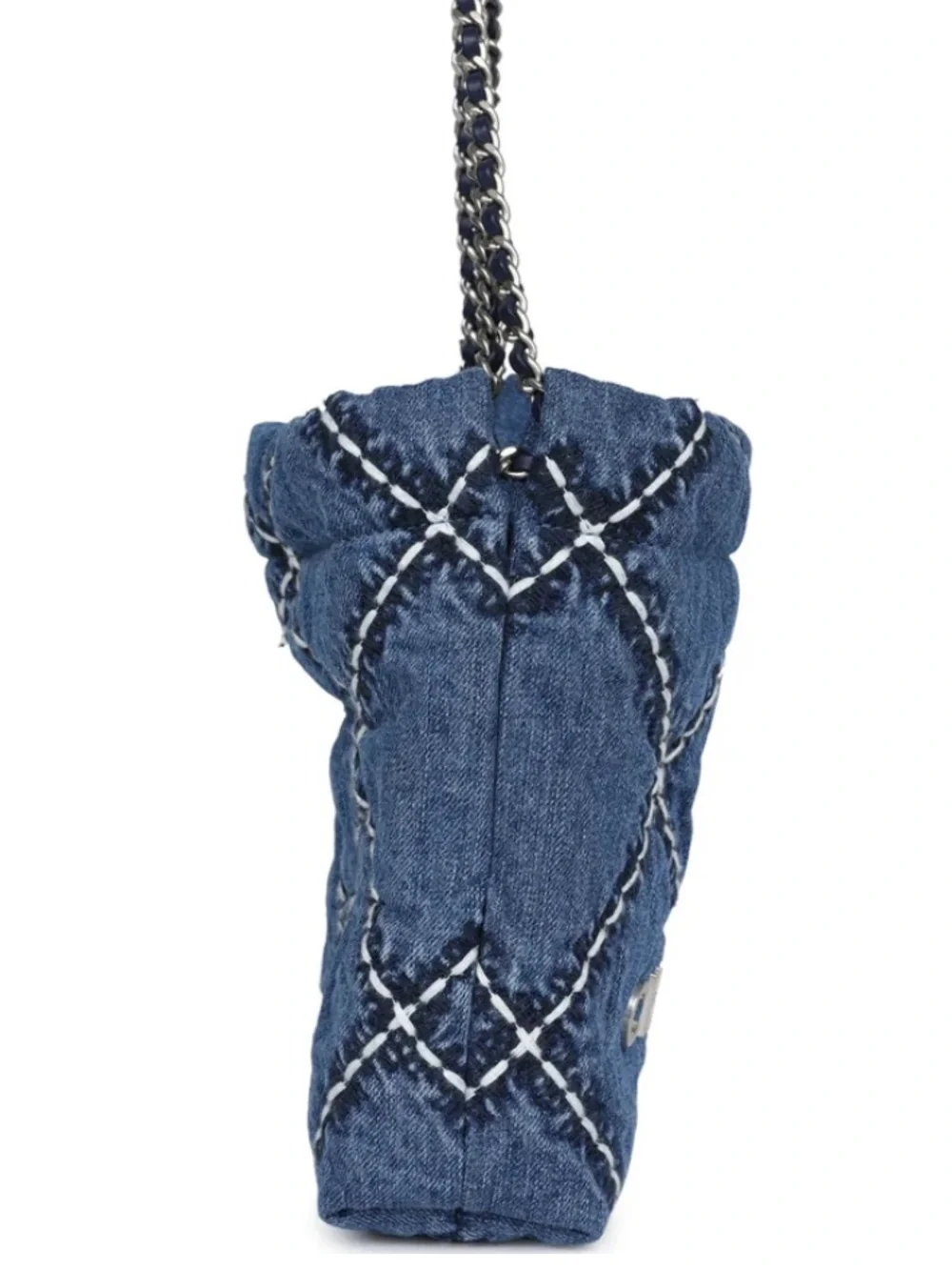 ChaneI Denim 22 Blue Stitch Silver Tone Hardware Diamond Hobo Bag Purse